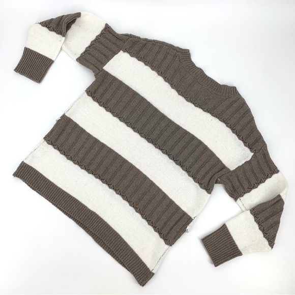 MISSLOOK Taupe and Cream Striped Long Sleeve Sweater with Lace Accents, Medium - Picture 2 of 15